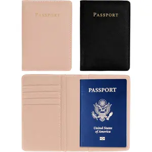 2 count Passport Holder for Travel, Passport Wallet, Passport Cover, PU Leather Passport Book for Women and Men Travel Essentials for Passport Credit Cards Business Cards Boarding Passes, Pink and Black