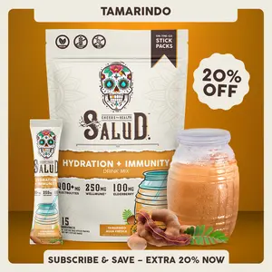 Salud 2-in-1 [Hydration + Immunity - Tamarindo]  Electrolytes Powder, Agua Fresca Drink Mix, Elderberry, Dairy & Soy Free, Non-GMO, Gluten Free, Vegan, Low Calorie, 1g Sugar (15 Servings)