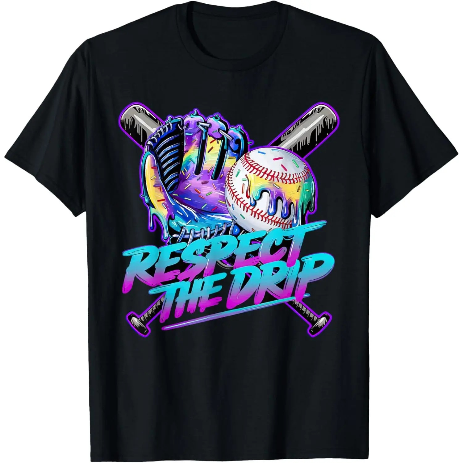 Men's 100% Natural Cotton Soft Sports T-Shirt - Shortsleeve Tee with Baseball Drip Ice Cream Graphic, Moisture Absorb Casual Summer Streetwear Menswear Top, Baseball Theme, Regular Fit, Ice Cream Print
