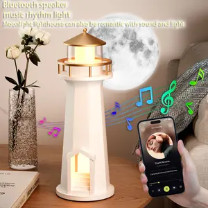 5-in-1 Lighthouse Night Light, Cute Moon Projection Rechargeable Lighthouse Lamp with Bluetooth Speaker, 3 Levels Dimmable Wireless Table Lamp for Room Decor, Rechargeable Led Night Light Unique Gift for Kids