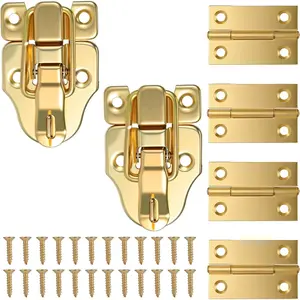Retro Gold Style Duckbilled Hasp Clasp Latch, Antique Metal Toggle Hasp Catch with Padlock Hole, and a Set of 4 Pcs Hinges with Matching Screws Kit For Wooden Jewelry Box, Cabinet, Toolbox