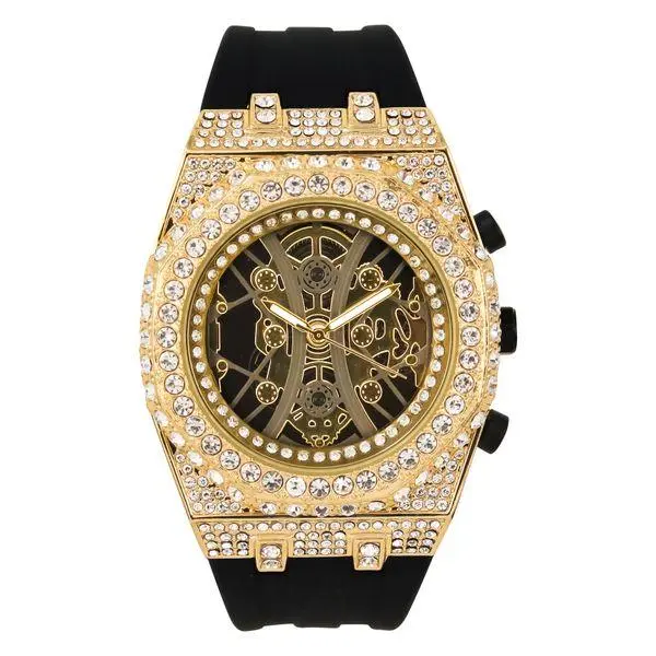 Urban 43mm Iced Out Octagon Watch – Gold Finish Skeleton Dial, Luxury Hip-Hop Sport Watch with Soft Silicone Band