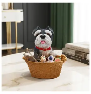 Grey Schnauzer Statue with Basket, Miniature Schnauzer Dog Decor, Resin Animal Figurine, Cute Puppy Gift for Schnauzer Lovers Yellow+Grey + Resin