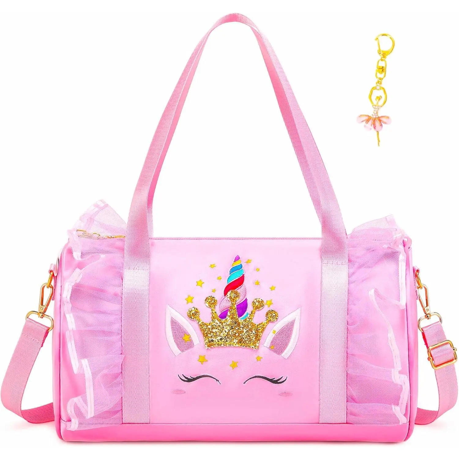 X-CBP15  Cute Ballet Dance Bag Gym Travel Duffle Bag for Girls Tutu Dress Bag with Key Chain for Girls (Pink4 of Long Mesh)