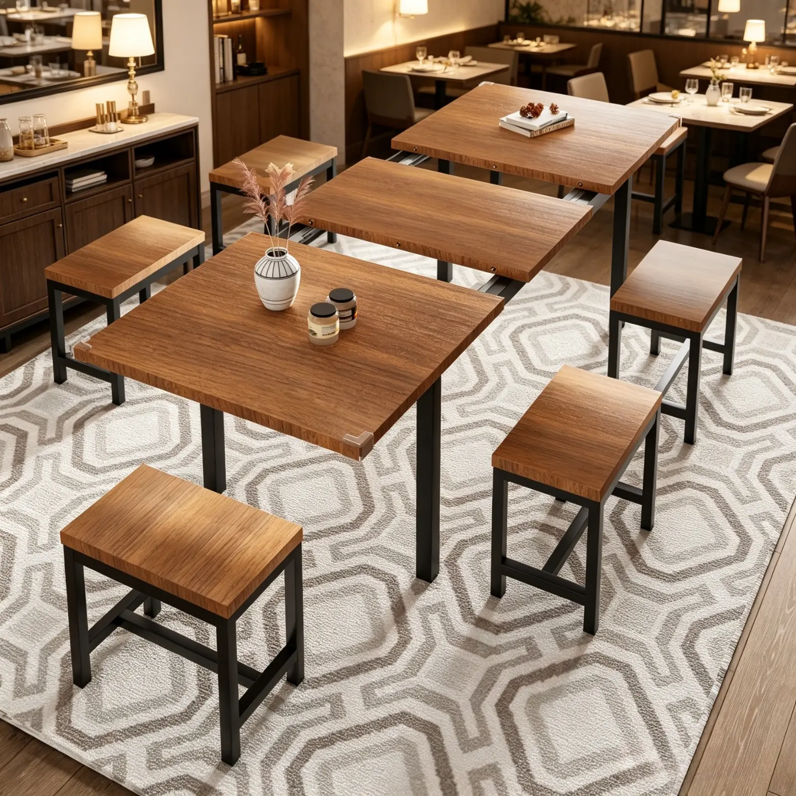 Loomie Adjustable 7-Piece Espresso Finish Dining Table Set - 63 in Durable Space-Saving Kitchen Table Set with 6 Stools for 4-8 Guests, Sturdy Metal Frame, Rustic Look