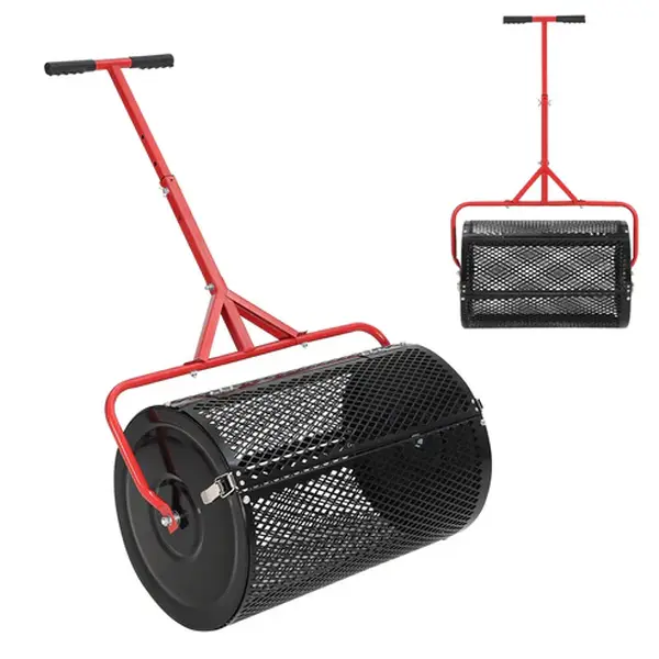 [FLASH SALE] Garvee Efficient Compost and Peat Moss Spreader – 24 Inch Lawn & Garden Seeder Roller with Adjustable T-Shaped Handle, Side Latches, Powder-Coated Metal – Spreads Grass Seed, Topsoil, Fertilizer, Manure – Handle in Red
