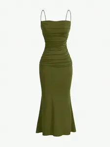 Women's Solid Pleated Ruffle Hem Spaghetti Strap Maxi Dress - Elegant Summer Style