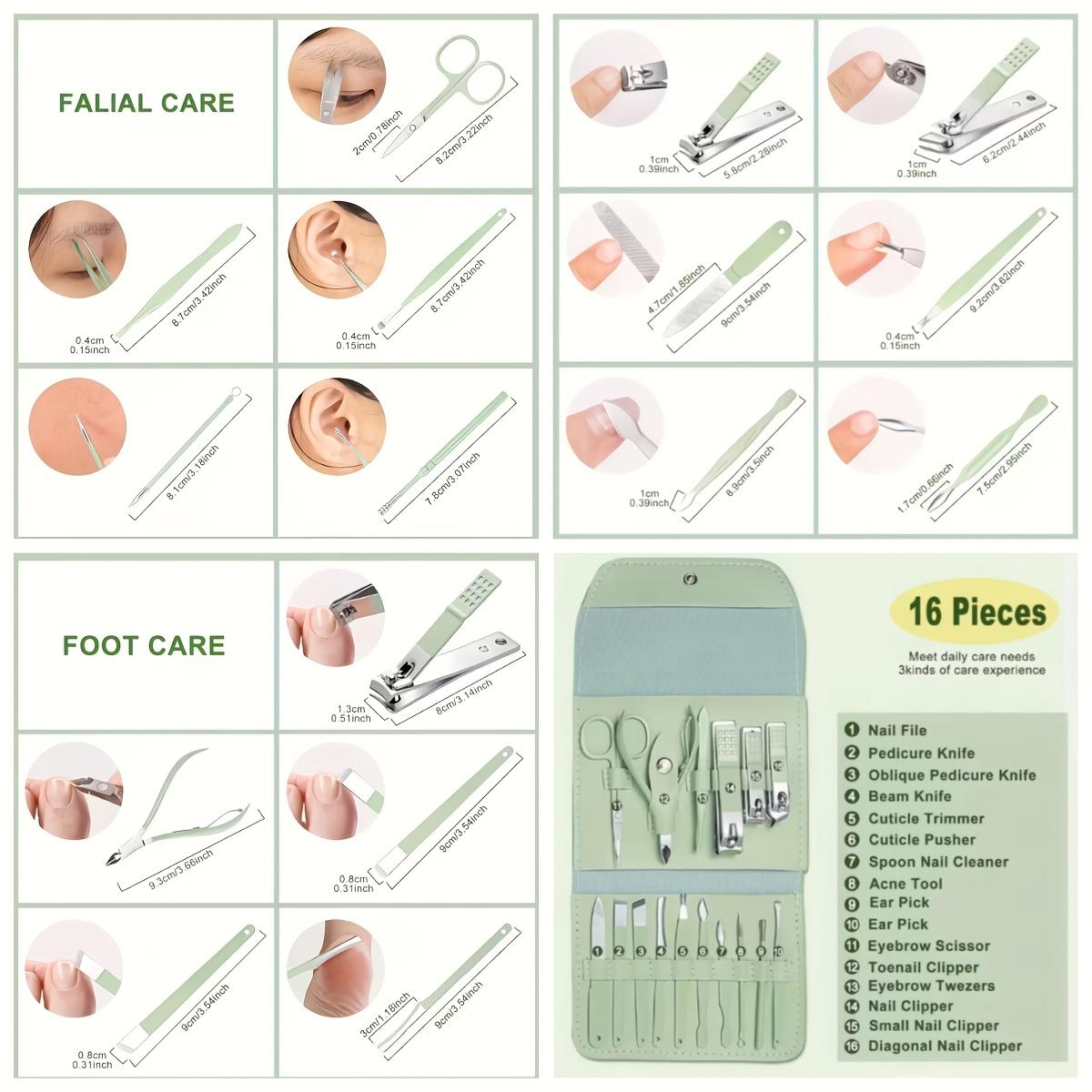 Set Of 16 Premium Stainless Steel Modern Style Of Nail Clippers Suit, Straight Blade Nail File, Ear Picks, Scissors, Beauty Care Professional Travel Kit