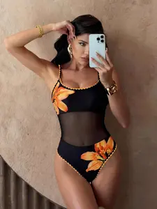 Women's One-Piece Swimsuit, Sexy Sleeveless Drop Waist, Contrast Lace Design, Floral Pattern, Comfortable for Beach Parties