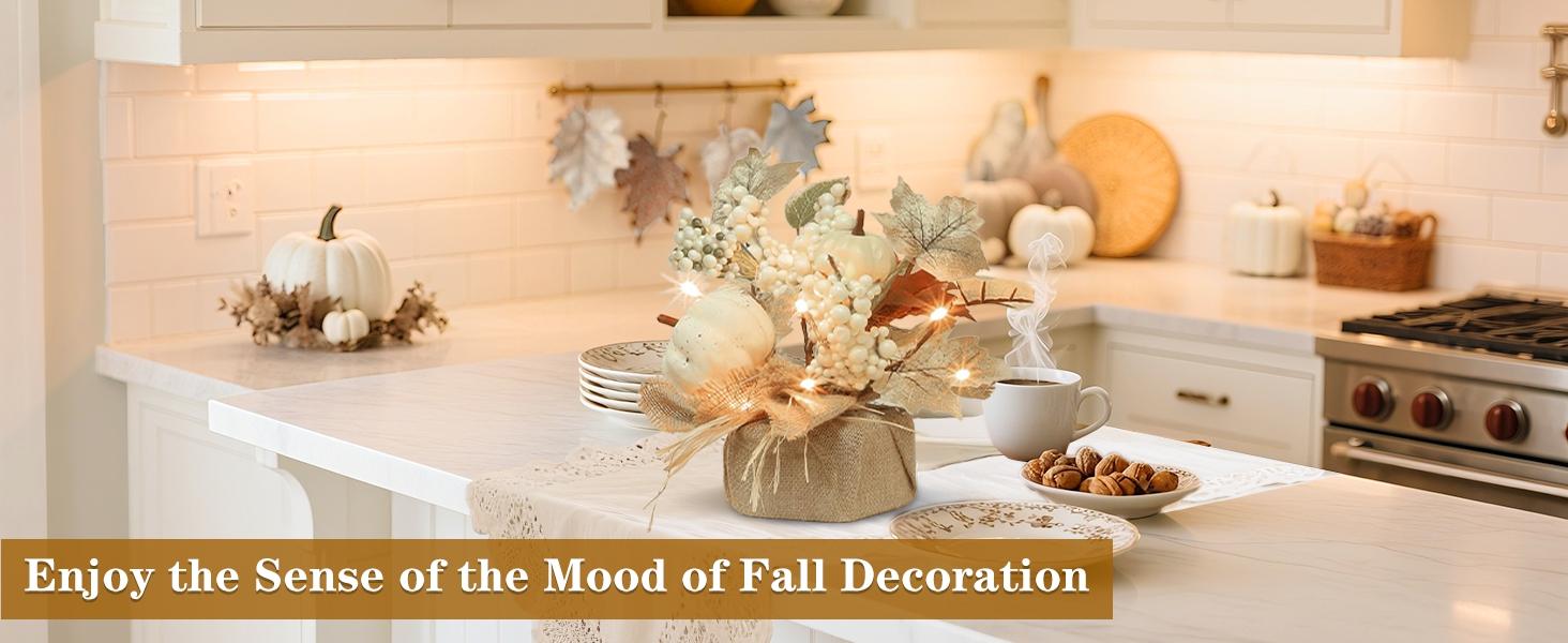 2-Pack 11in Silk Fall Decor Tabletop Trees Centerpieces - Battery-Operated Lights with Timer, Dry Battery Power, Neutral White Maple Leaves, Pumpkins, Pinecones, Berries for Dining Table, Mantel, Decorations Set, Fall Decor For Home