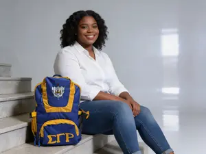 Sigma Gamma Rho Sublimated Backpack for Women, SGRho Crest and Letters, Royal Blue and Gold Cordura Bookbag