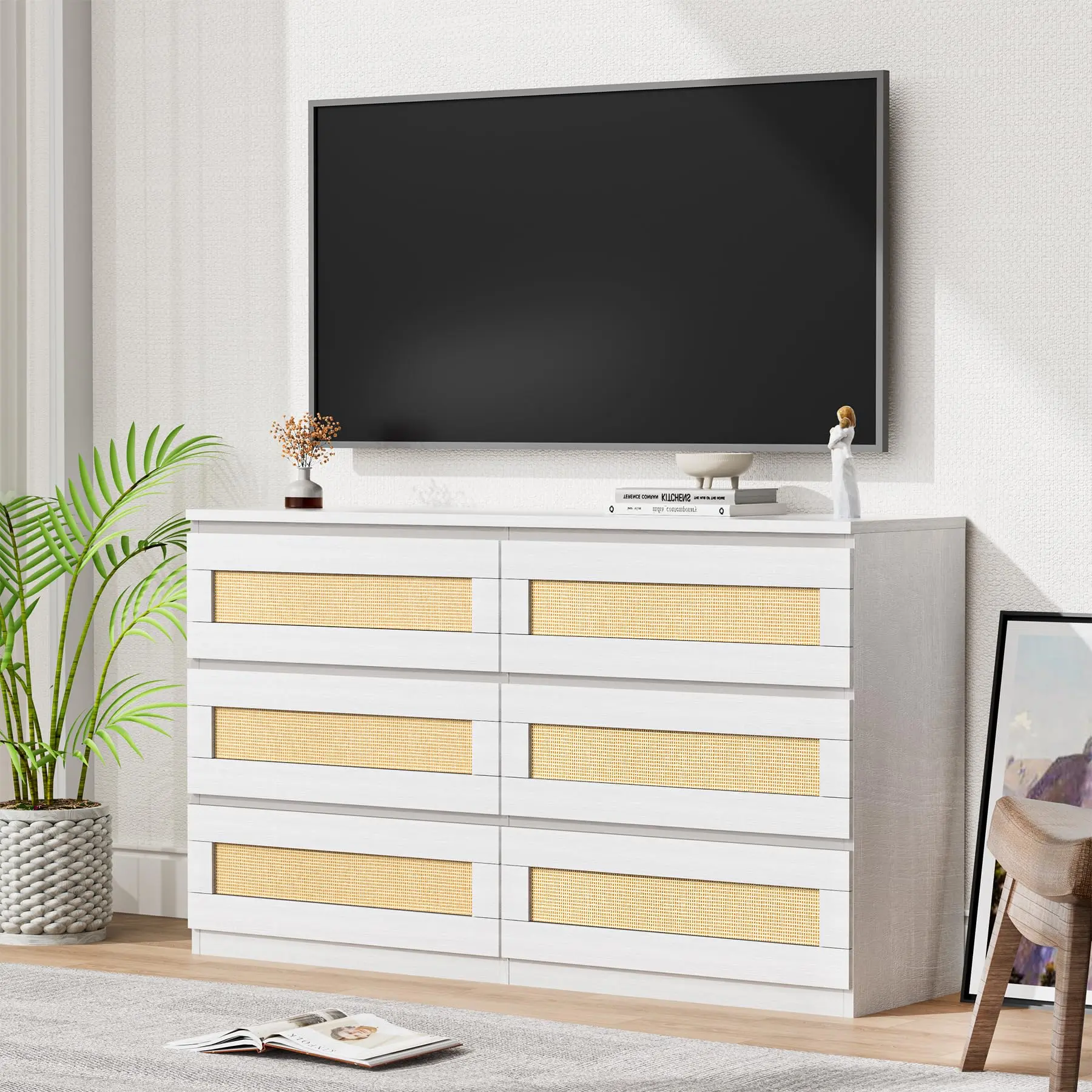 Garvee Rattan Dresser for Bedroom, Modern 6 Drawer Double Dresser, Wood Boho Dressers, Wood Storage Chest of Drawers Fo Bedroom,Living Room,Hallway, White