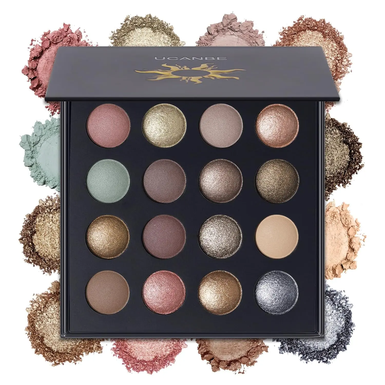 UCANBE Baked Makeup Eyeshadow Palette with Hidden Gems, 16 Nude Colors with Matte, Glitter, Metallic Finishes, Color Intense Luxury Multi-Faceted Shimmering Glitter Palette Eyeshadow, Highly Pigmented Long-Lasting for Summer Use
