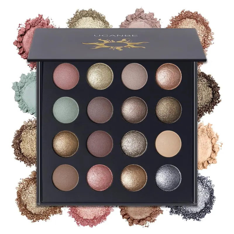 UCANBE Baked Cosmetic Eyeshadow Palette - 16 Assorted Colors (Nude Matte/Glitter, Metallic), High Pigment Density, Color Enhancing Eyeshadow, Long Lasting, Hidden Gems, Ideal for Halloween Makeup