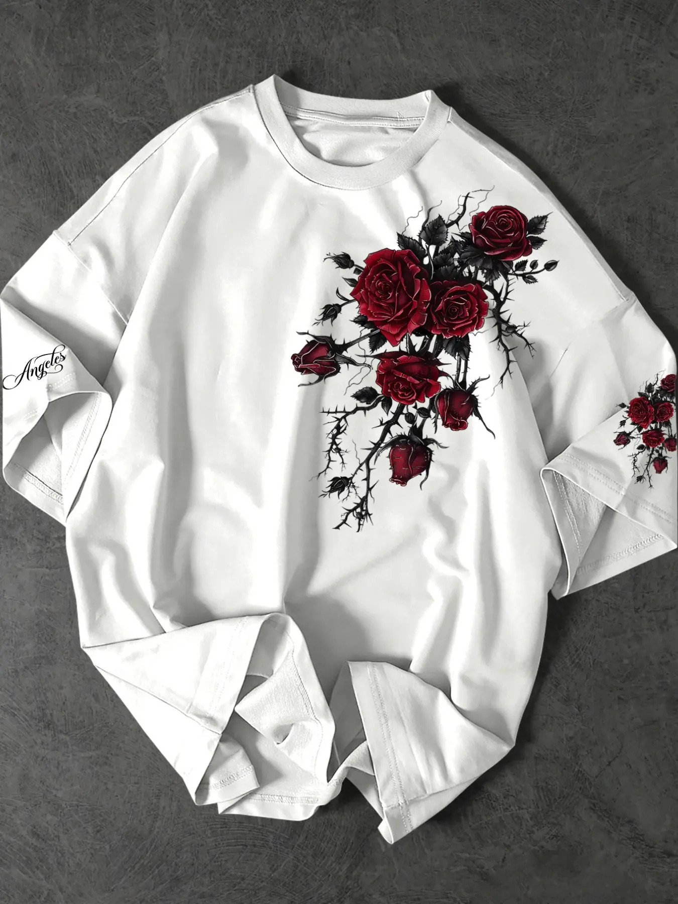 Dark Romantic Gothic Rose T-Shirt - Breathable Printed Short Sleeve Tee with Red Thorn Roses + Gothic Letter Print, Y2K Punk Streetwear Top for Daily Wear, Outings & Alt Aesthetic Outfits