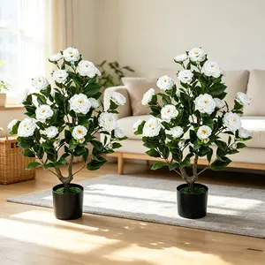 3ft Artificial Camellia Tree 2 Pack 36" Faux Camellia Plant in Pot with Lifelike Multi-Layered Petals, UV Resistant Fake Flower Tree Potted for Indoor Outdoor Office Home Porch Decor