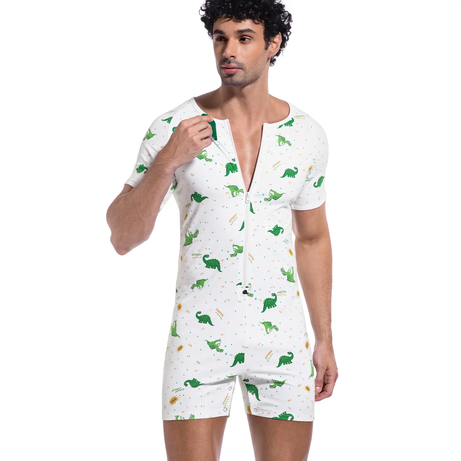 Landofgenie Men's Green Dinosaur Print Short-Sleeve Jumpsuit, Cotton-Spandex Crew Neck Bodysuit, Casual Loungewear & Sleepwear Pajamas Onesie with Relaxed Soft Breathable Fit Classic Menswear