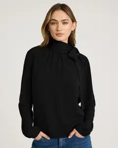 Express Long Sleeve Tie Neck Ruched Top