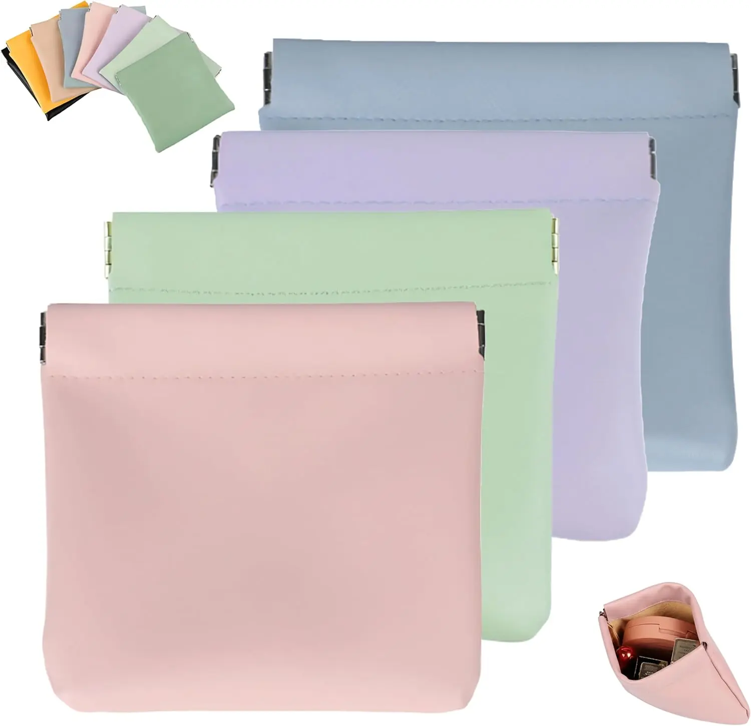 Women's 4-Piece Cosmetic Pouch Set, Solid Color Soft Leather Mini Makeup Organizer with Squeeze Top, Waterproof Bags for Travel & Purse Organization, Cosmetic Storage Bag, Makeup Organizer Pouches