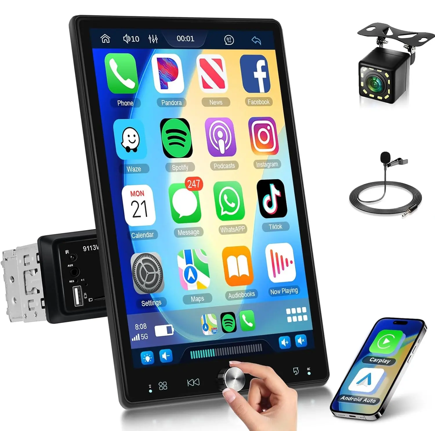 10.4'' Single Din Car Stereo Vertical Touch Screen Radio with Wireless Carplay/Android Auto, Bluetooth, FM/RDS, SWC/USB/AUX + Backup Camera, cars accessories,SummerVibes