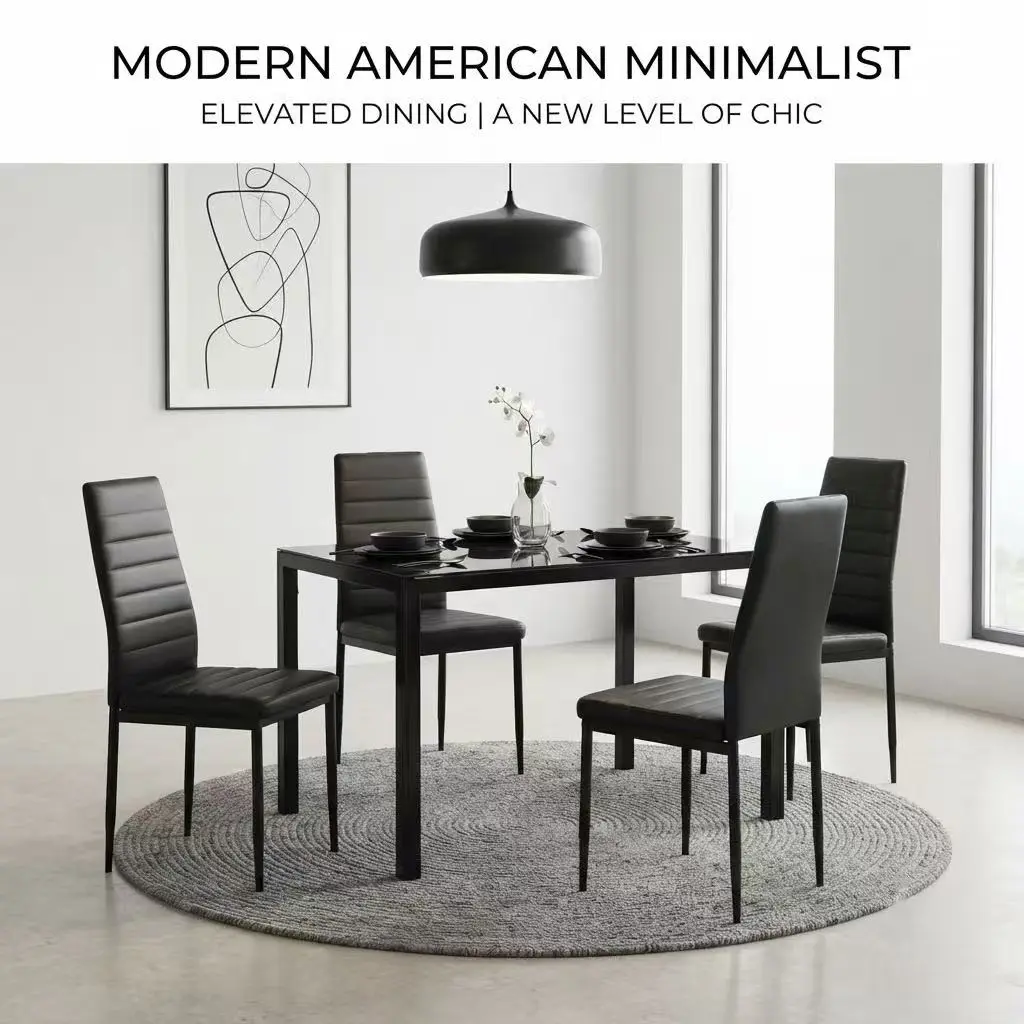 Black 5-Piece Dining Table Set for 4, Tempered Glass Kitchen Table & Faux Leather Chairs, Space-Saving Rectangular Set for Apartments, Sturdy Metal Frame, Scratch-Resistant, Easy Clean & Assemble