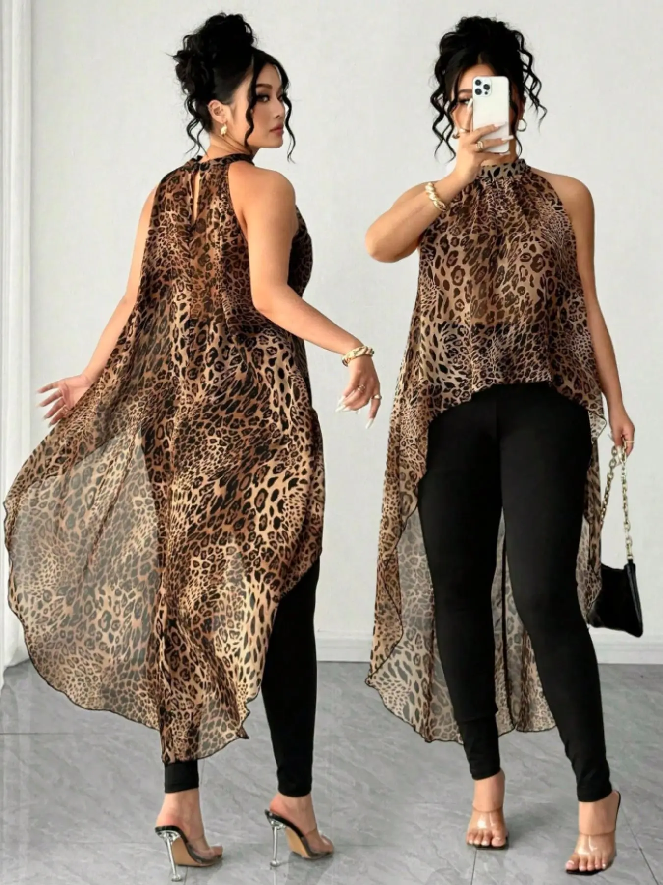 Women's Plus-Size Leopard Print Chiffon Tank Top - Asymmetric Cut Hem, Sleeveless, Perfect for Dates, Parties, Weddings