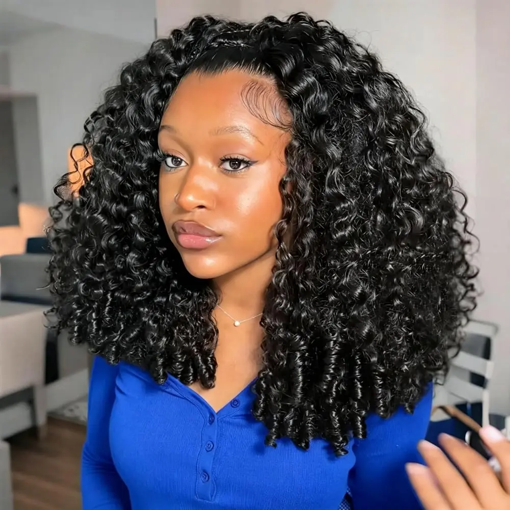 Burmese Curly Half Wig Human Hair 20 Inch Natural Color for Women Wear and Go Glueless Wig, Drawstring Wig with Spiral Curls End, 3 In 1 Seamless Flip Over, 200% Density, Beginner Friendly