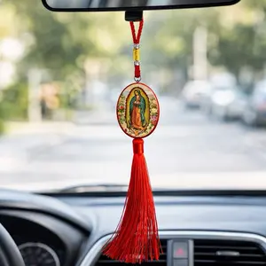 Virgin Mary Car Hanger with Red Tassel and Detailed Iconic Design for Car Interior Decor High-Quality Materials and Unique Accessory