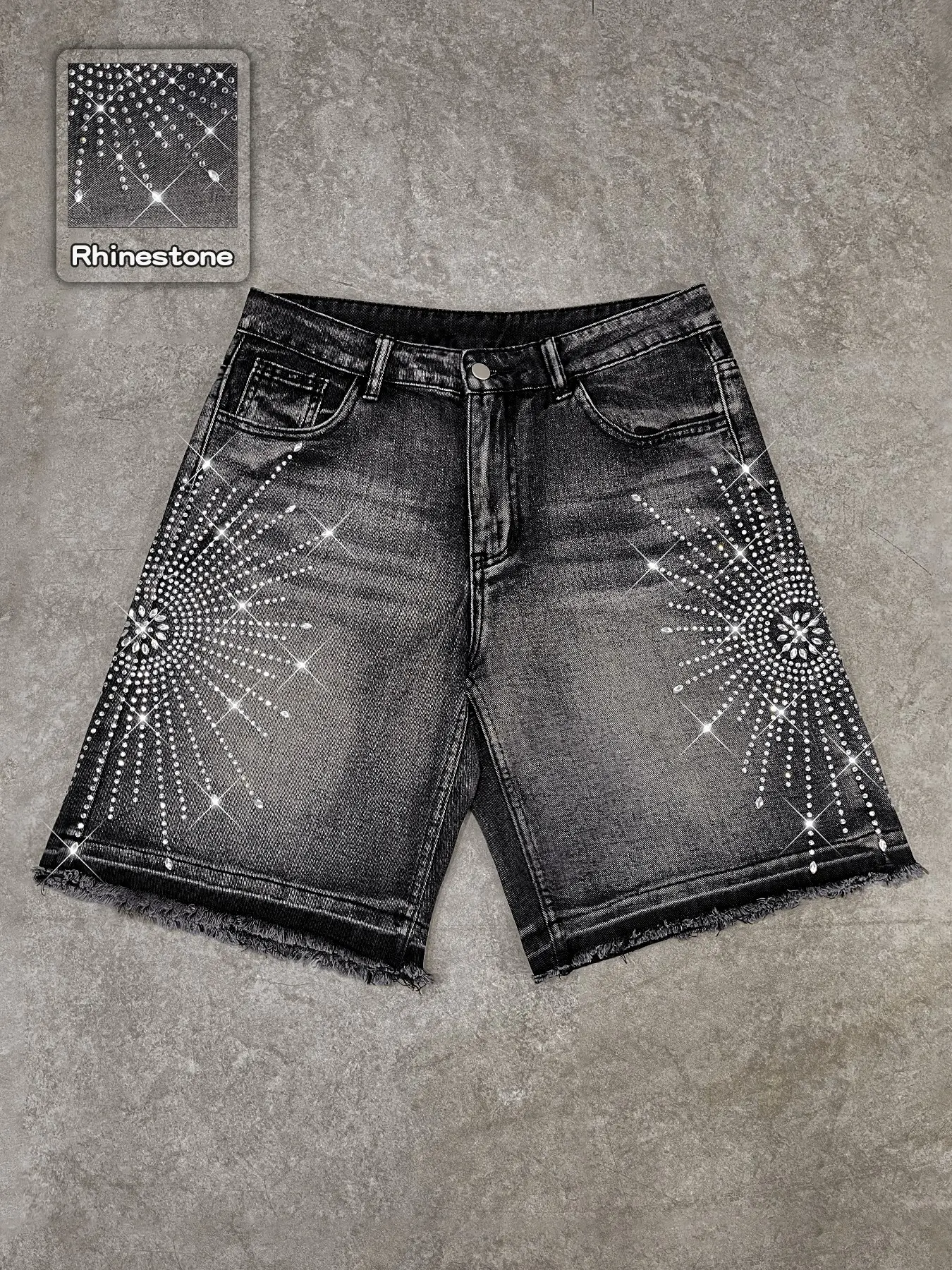 High Street Rhinestone Embroidered Casual Jeans Shorts, Chic Shorts, Loose-Fitting High Waist Five-Quarter Denim Jeans, American Street Style, Fashion Daily Wear✨, Streetwear
