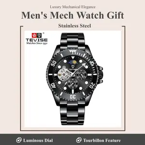 TEVISE Men's Business Gentleman Mechanical Watch with Luminous Hands & Skeleton Tourbillon, Stainless Steel Strap, Premium Luxury Gift