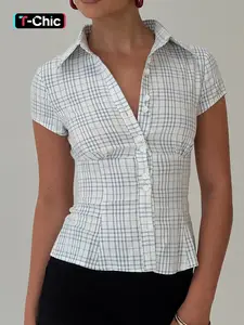 Women's Plaid Print Curved Hem Short Sleeve Casual Fitted Collared Blouse, Button Up Shirt, Casual Bishop Sleeve Top for Summer, Ladies Clothes for Daily Wear
