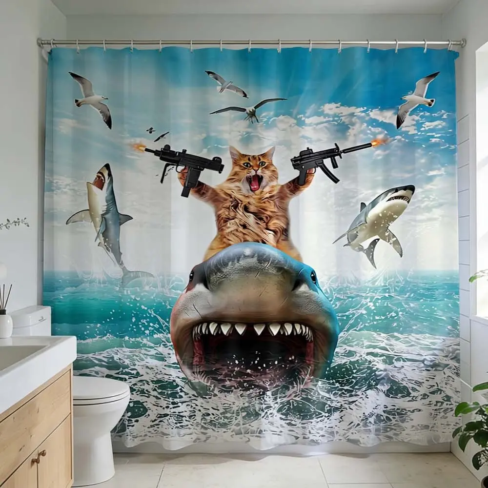 1 PC Bathroom Design with Ocean Adventure Cat and Shark Print Shower Curtain, Aesthetic Decorative Shower Curtain, Whimsical Touch, Bathroom Renovation Colors and Imaginative Sea Life Patterns, Summer Shower Curtains for Bathroom