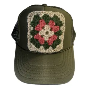 Fashion Trucker Hat with Granny Square Accent Patch - Olive Green Mesh Cap with Floral Crochet Design