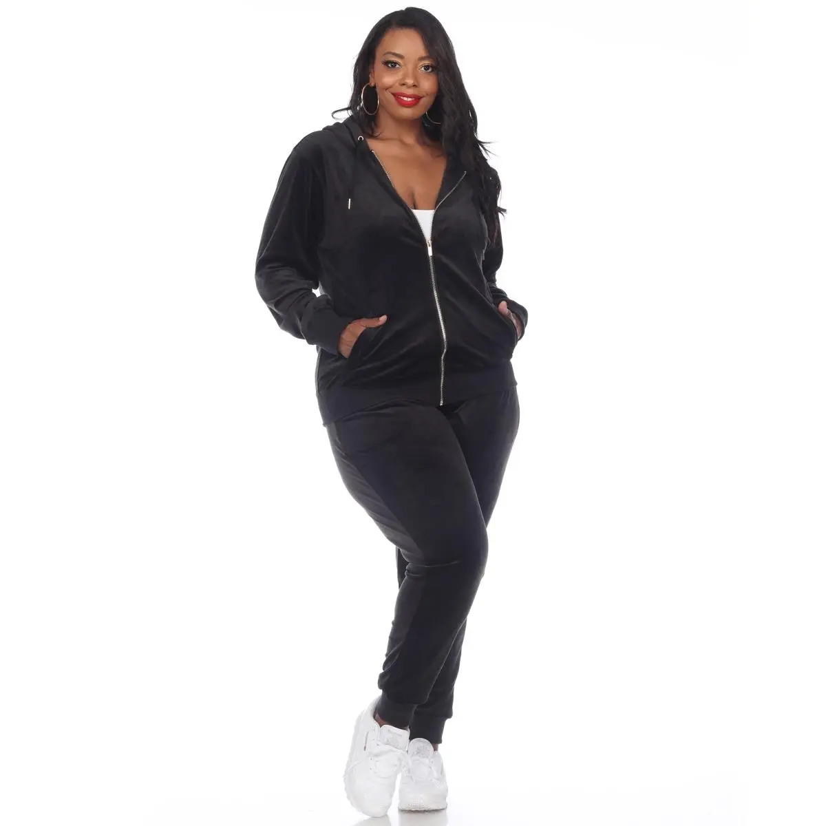 212 MAIN Women's Plus Size Solid Velour Tracksuit, 2-Piece Sportswear with Zip-Up Hoodie & Sweatpants for Training & Workout, Solid Tracksuit, Sportswear For Gym, Training Clothes, Workout Gym Clothing, Woman 2 Piece Set, Female, 1X, Women's Clothing