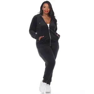 White Mark PS2121-01-1X Plus Size Velour Tracksuit Set, Black - 1X
