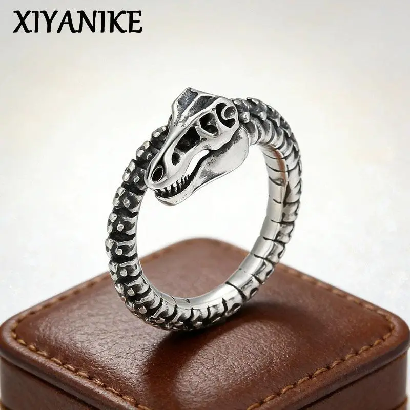Thai Silver Dinosaur Rib Adjustable Open Finger Rings For Men Women Punk Fashion New Jewelry Gift Party кольцо