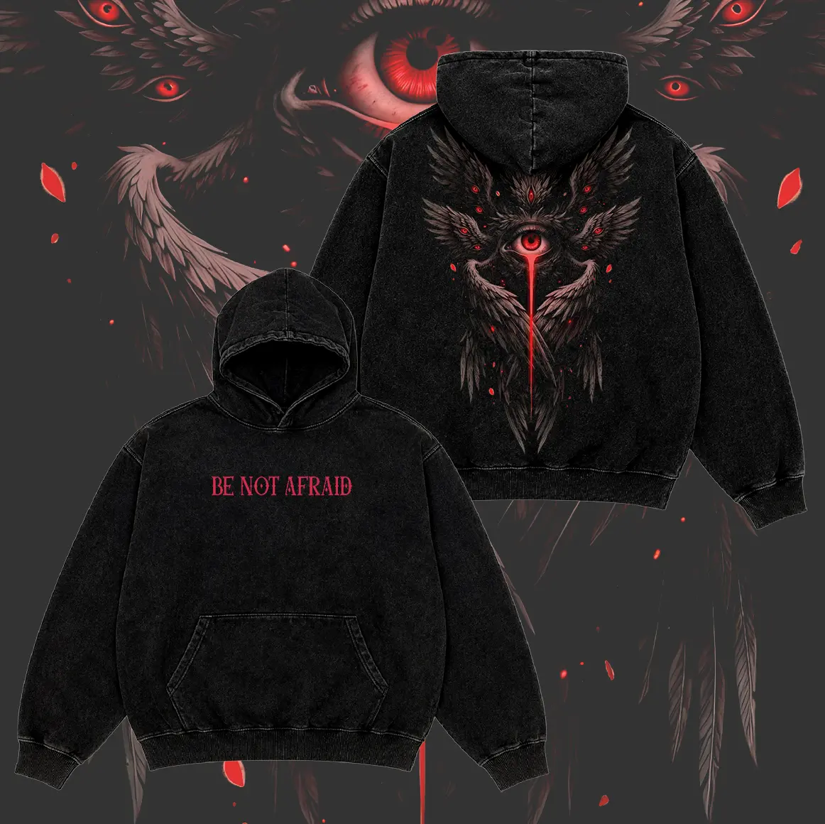 Be Not Afraid Biblically Accurate Angel Seraphim Menswear Vintage Washed Pullover Hoodie, Front and Back Gothic Christian Eye Wings Graphic Streetwear