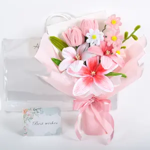Pipe Cleaner Flower Bouquet Completed Handmade Tulip, Lily & Daisy, Crochet Flowers Bouquet Artificial Floral Gift for Women, Valentine’s Day, Mother’s Day, Birthday & Home Decor