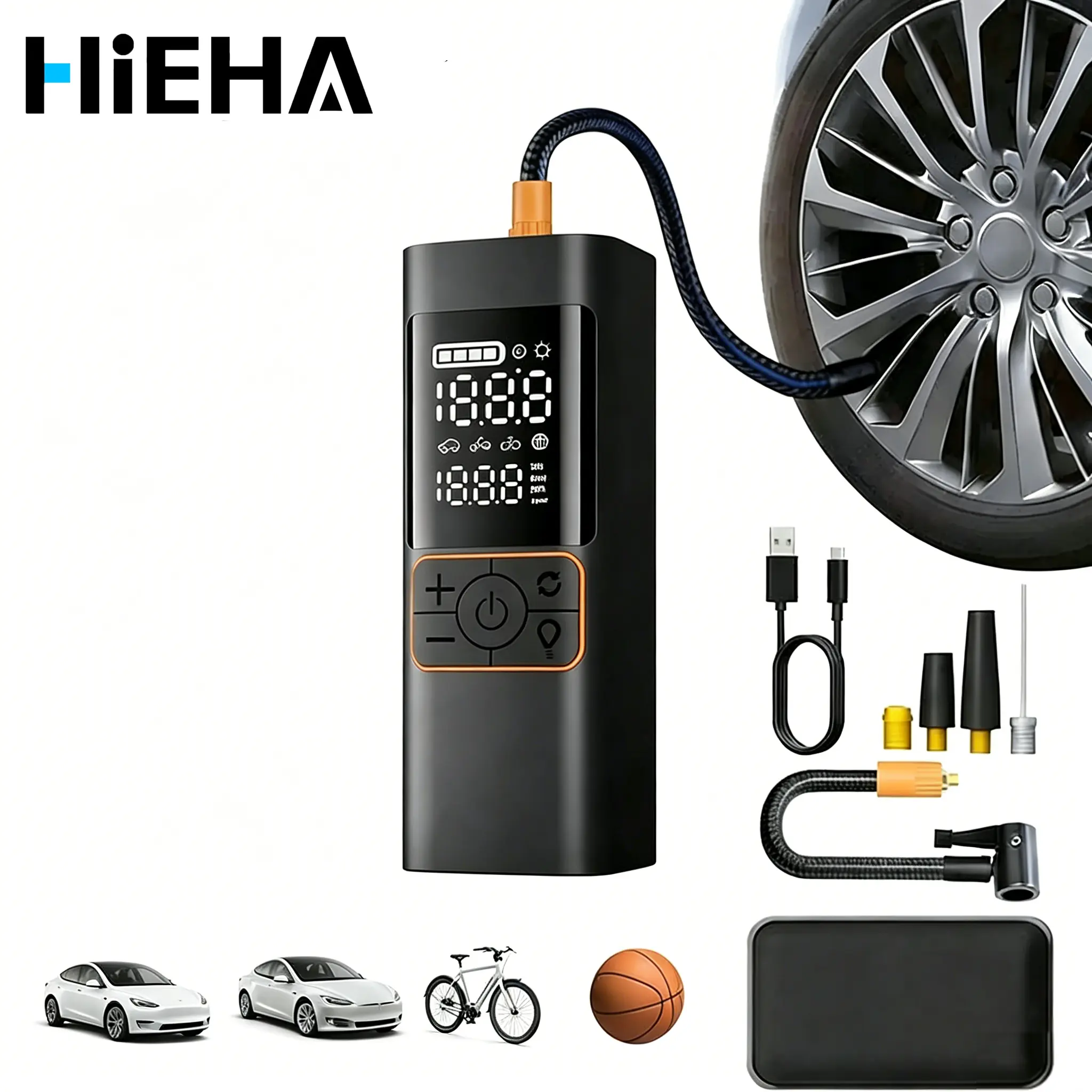 Hieha Cordless Portable Tire Inflation Pump - Compact Wireless Rechargeable Vehicle Tire Inflator, 3-180PSI Automatic Quick-Fill Kit, 4 Pressure Units & Accessories for Cars, Tyre Pumps, Portable Pump