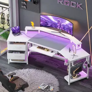 Sikaic 79 Inches Wing Shaped LED Gaming Desk With 2 Fabric Drawers Storage Shelf