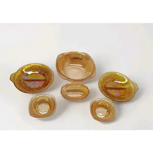 Vintage Marigold Yellow Carnival Glass Dishes Anchor Hocking Jeanette Lot Of 6