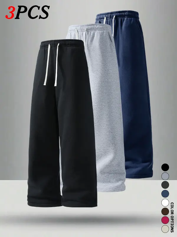 3-Pack Spring/Autumn Straight-Leg Men’s Loose Sports Pants, Simple Solid Color — Suitable for Daily Commuting, Night Running, Fitness, and Home Wear; Slimming, Fits Various Body Types