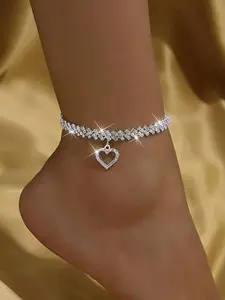 Rhinestone Decorated Heart Design Anklet for Women, Fashion Jewelry for Party, Trendy All-Match Jewelry, Birthday Gift for Girlfriend