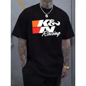 Men's Loose Knit Short-Sleeve Crew Neck Cotton-Polyester Stretch T-Shirt - 'KN Racing' Printed, White with Black and Orange Design, Lightweight, Plus Size, Suitable for Summer Outdoor & Casual Menswear,summervibes
