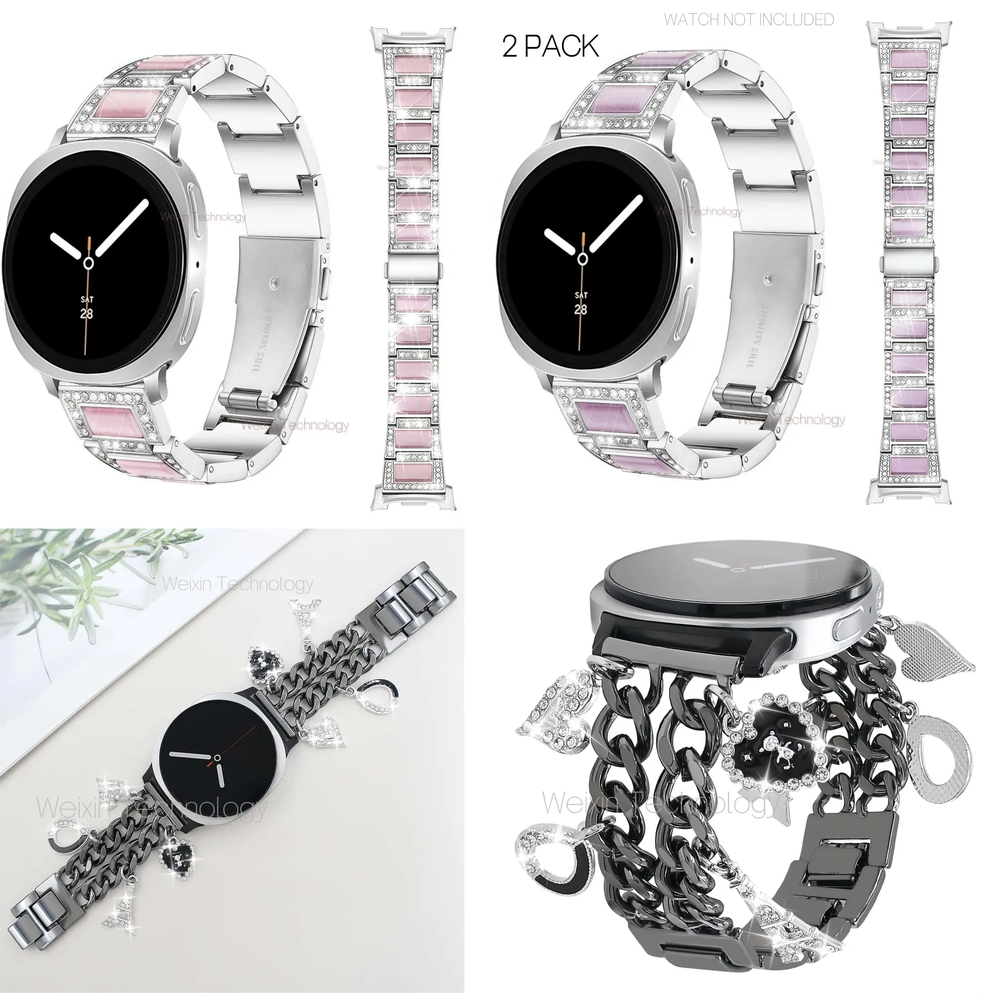 Gold Fashion Metal Strap Suitable for Samsung Galaxy Watch 8 (40mm/44mm), Galaxy Watch 8 Classic (46mm), Fashion Cuban Chain Bracelet, Comes with Cute Pendant, and Diamond Metal Strap, Diamond Bracelet Strap, Women's Strap 2 Pack Smart Watch Straps