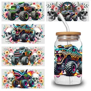 5 Sheets Monster Truck UV DTF Stickers UV DTF Cup Wraps Stickers - for 16 Ounce Libbey Cups - Animal 3d Crystal Label - Waterproof And Scratch Resistant Sticker - DIY Sticker for Glass Cups And Bottles