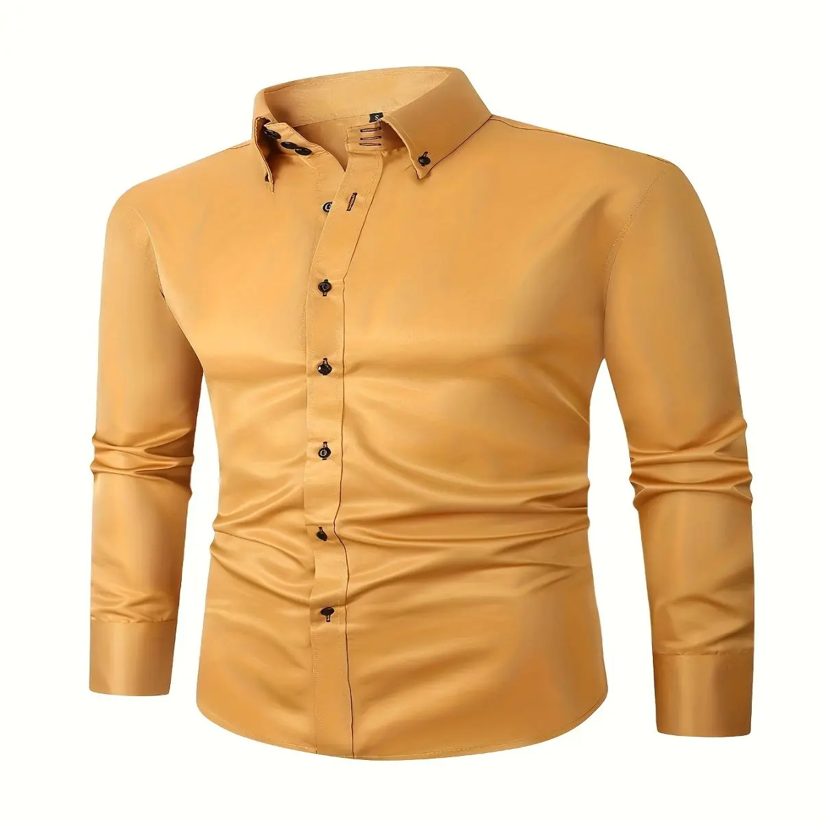 Elegant Men'S Long Sleeve Dress Shirt with Exquisite Rhinestone Buttons - Solid Color, Non-Stretch Fabric, Square Neckline, Button-Up Front for Commuting & Casual Attire, Versatile Menswear|Square Neckline Shirt|Sophisticated Desig