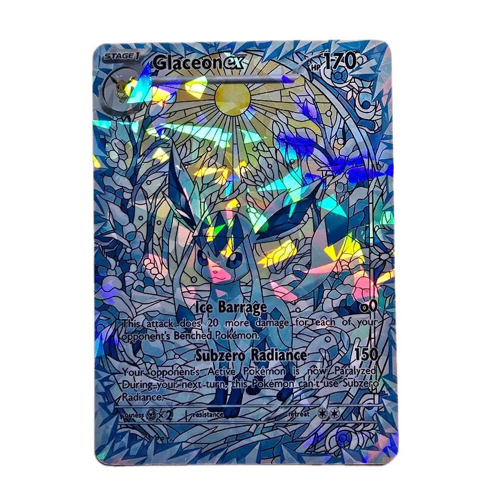 Glaceon ex NEW Icy Border Edge to Edge Fractal Glass Holo Standard Back Pokemon Display Card Art TCG Game Eeveelution Collectible Cards Authentic Collectible Cards