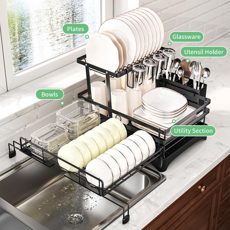 Small Kitchen Must Have Foldable Over Sink Dish Drying Rack Pull-Out 2-Tier Dish Drainer with Utensil Holder Space Saving Kitchen Organizer, Rust Proof Expandable Sink Dish Rack for Apartment RV Camper