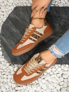 Women's Orange - Brown Suede & Canvas Low - Top Sneakers, Leopard Print Stripes, Lace - Up Design, Comfortable Casual Walking Shoes, Versatile All - Match Fashion Trainers, Trendy Streetwear Footwear